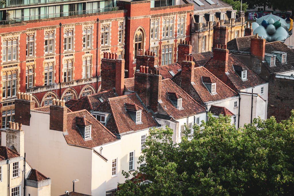 Aerial view of charming rooftops and historic architecture in Bristol, UK.